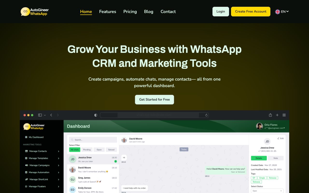 AutoGineer WhatsApp — screenshot of the live product